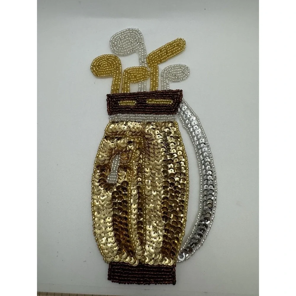 Sequined & Beaded Golf Bag And Clubs Sew On Patch NOS Gold & White